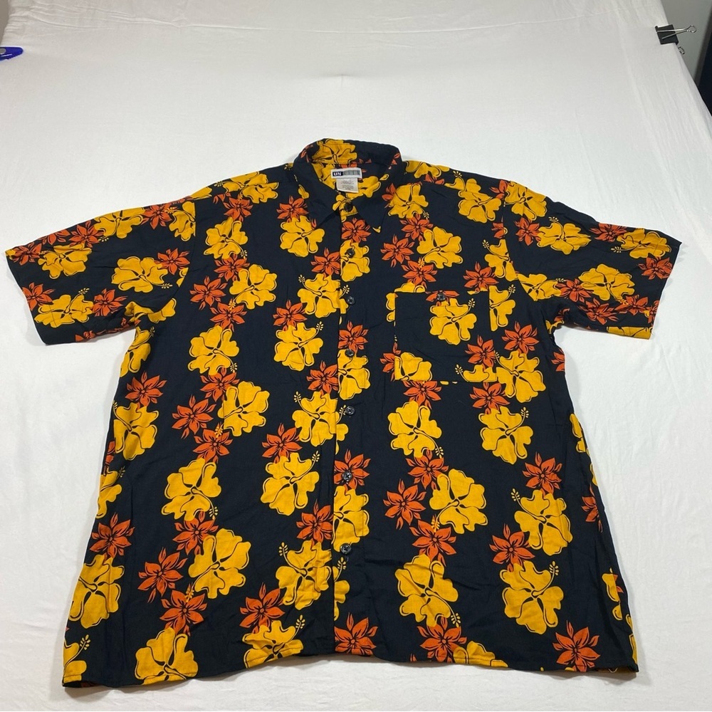 UNTIED button down Hawaiian Shirt Men’s Shirt Black yellow orange flowers shirt